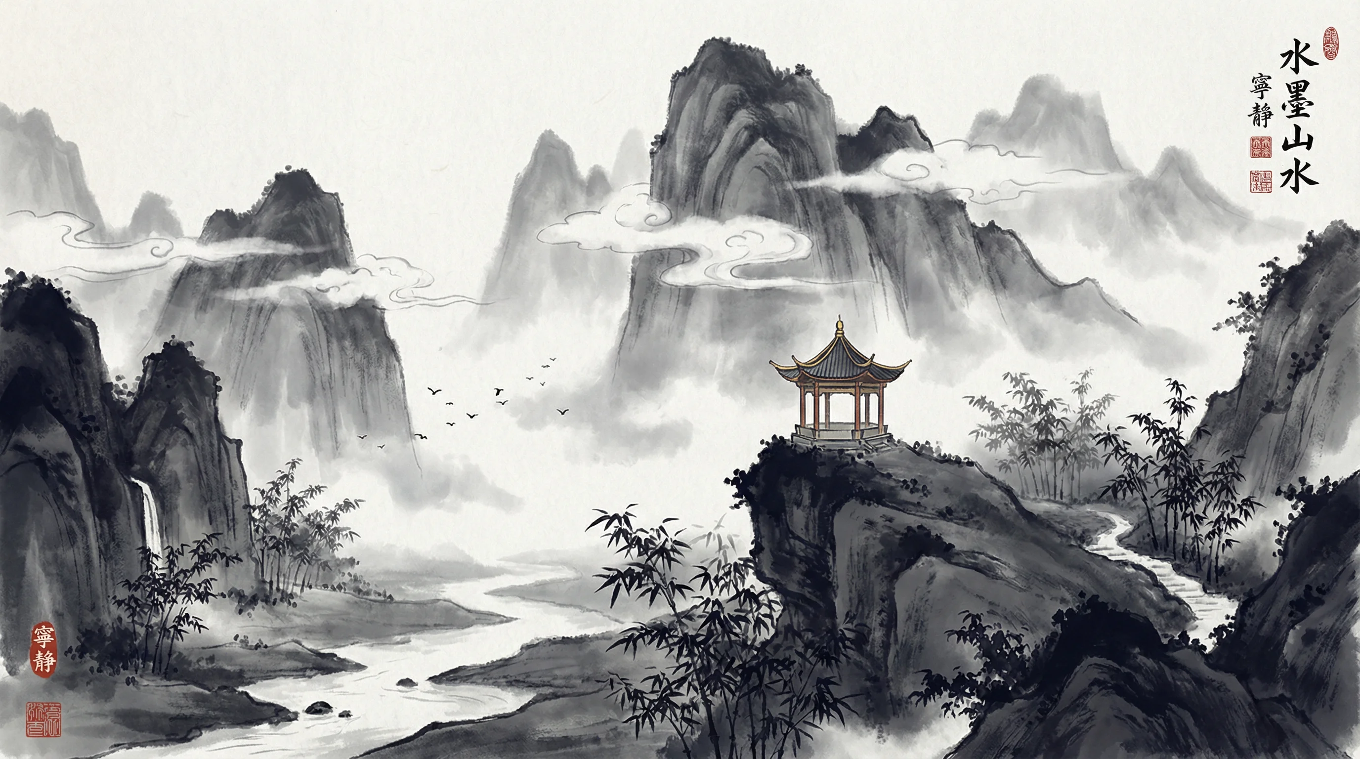 PG赌博水墨山水游戏背景画卷