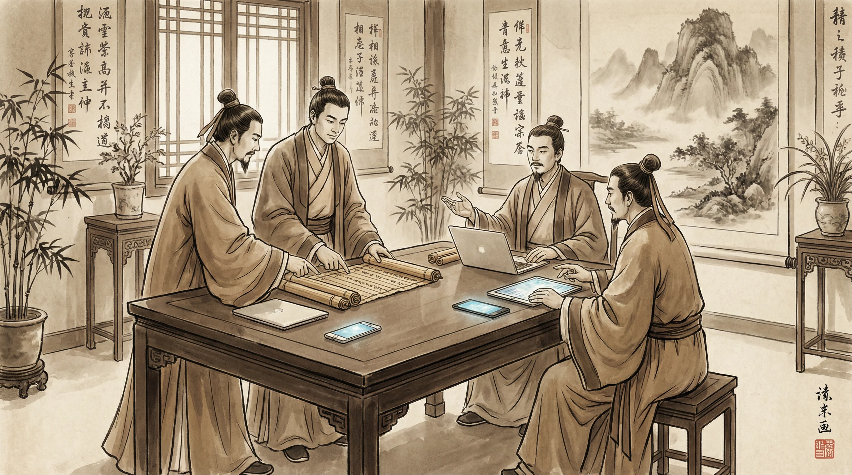 PG赌博专业团队水墨风格工作场景